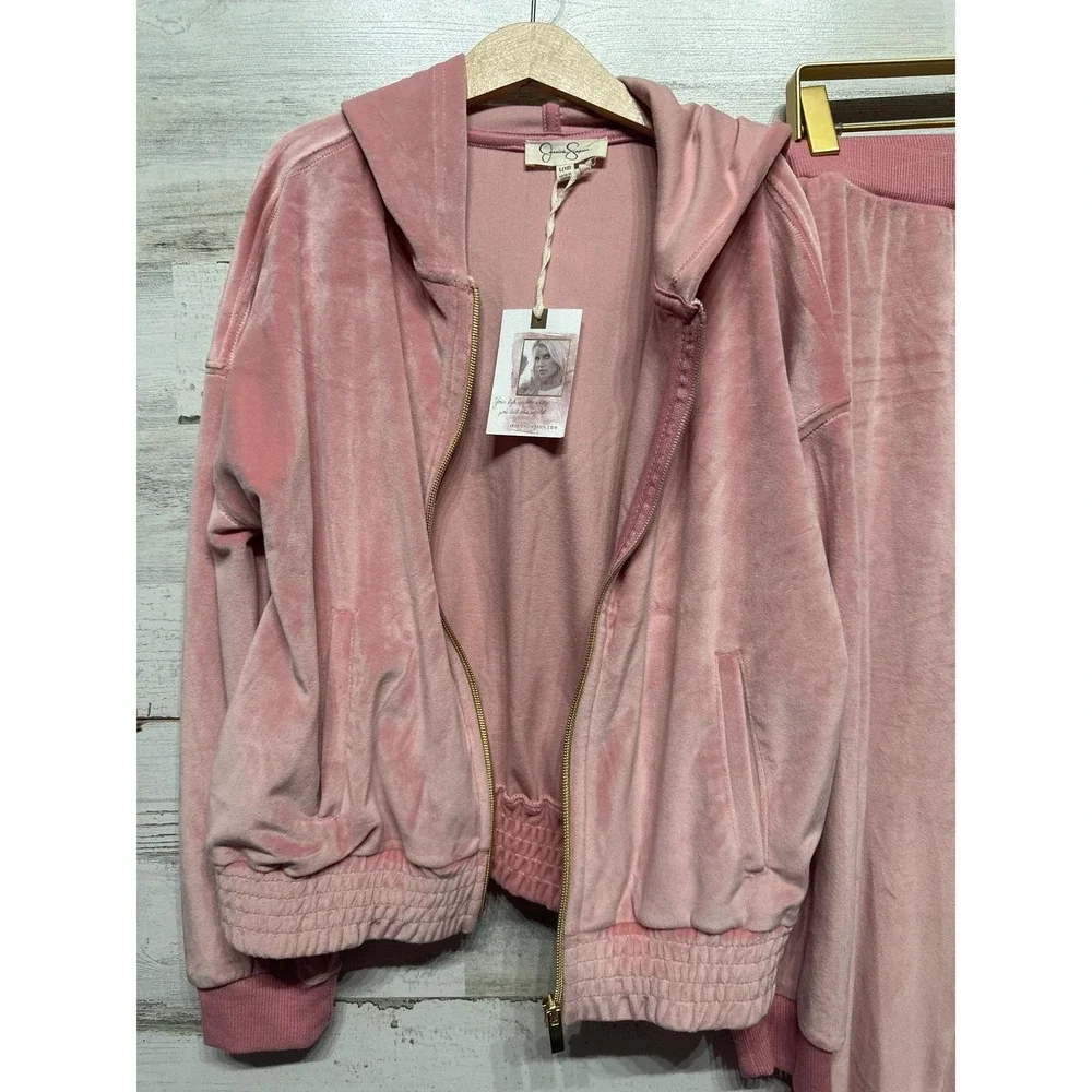 Jessica Simpson Tracksuit Set Girls 12 Blush Pink Velour Zip Hoodie Flare NWT